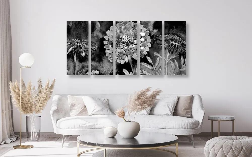Εικόνα 5 μερών με όμορφα λουλούδια σε ασπρόμαυρο - 100x50
