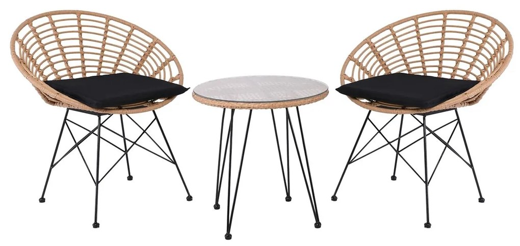 SALSA Coral Coffee Set Κήπου Μέταλλο Μαύρο - Γυαλί - Wicker Φυσικό: Τραπεζάκι+2 Πολυθρόνες TableΦ52x53 Armchair72x62x81cm