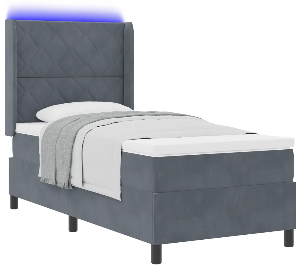 vidaXL κρεβάτι Box Spring με στρώμα και LED Γκρι 90x200 εκ Βελούδο