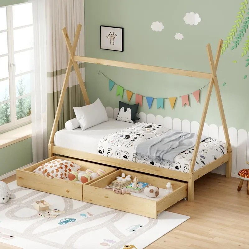 Κρεβάτι παιδικό Lalitto τύπου Montessori με 2 συρτάρια ξύλο πεύκου φυσικό 90x190 εκ. 90x190x170 εκ.