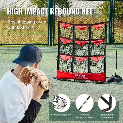 VEVOR 9 Hole Baseball Net, 36&quot;x30&quot; Softball Baseball Training Equipment for Hitting Pitching Practice, Portable Quick Assembly Trainer Aid with Carry Bag, Strike Zone, Ground Stakes, for Youth Adults