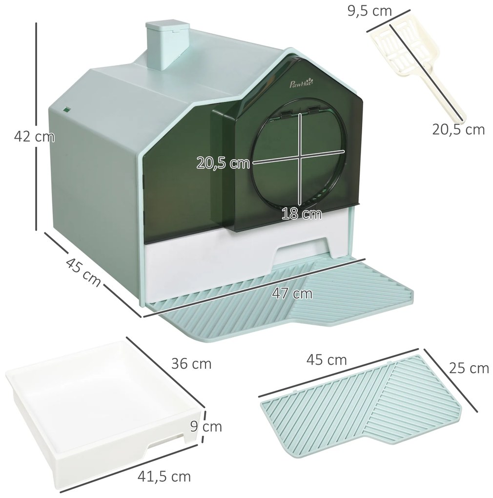 Άμμος γάτας PawHut, Σχεδιασμός καλύβας, 1 σουρωτήρι, 1 φτυάρι απορριμμάτων, αποσπώμενο δάπεδο, πράσινο + λευκό