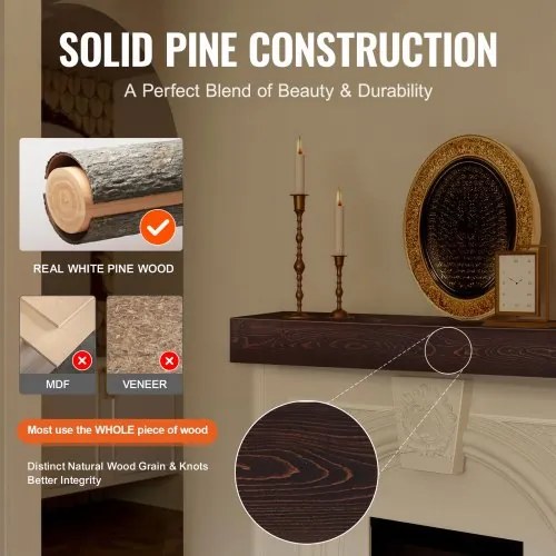 VEVOR Fireplace Mantel Wood Shelf Floating Rustic Fireplace Mantel 72&quot; Brown