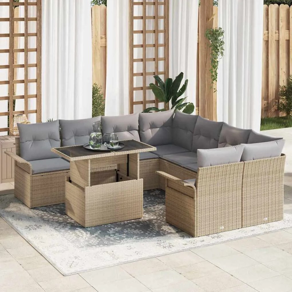 vidaXL Σετ Καναπέ Κήπου με μαξιλάρι 9 pcs Μπεζ Πολυ ράταν