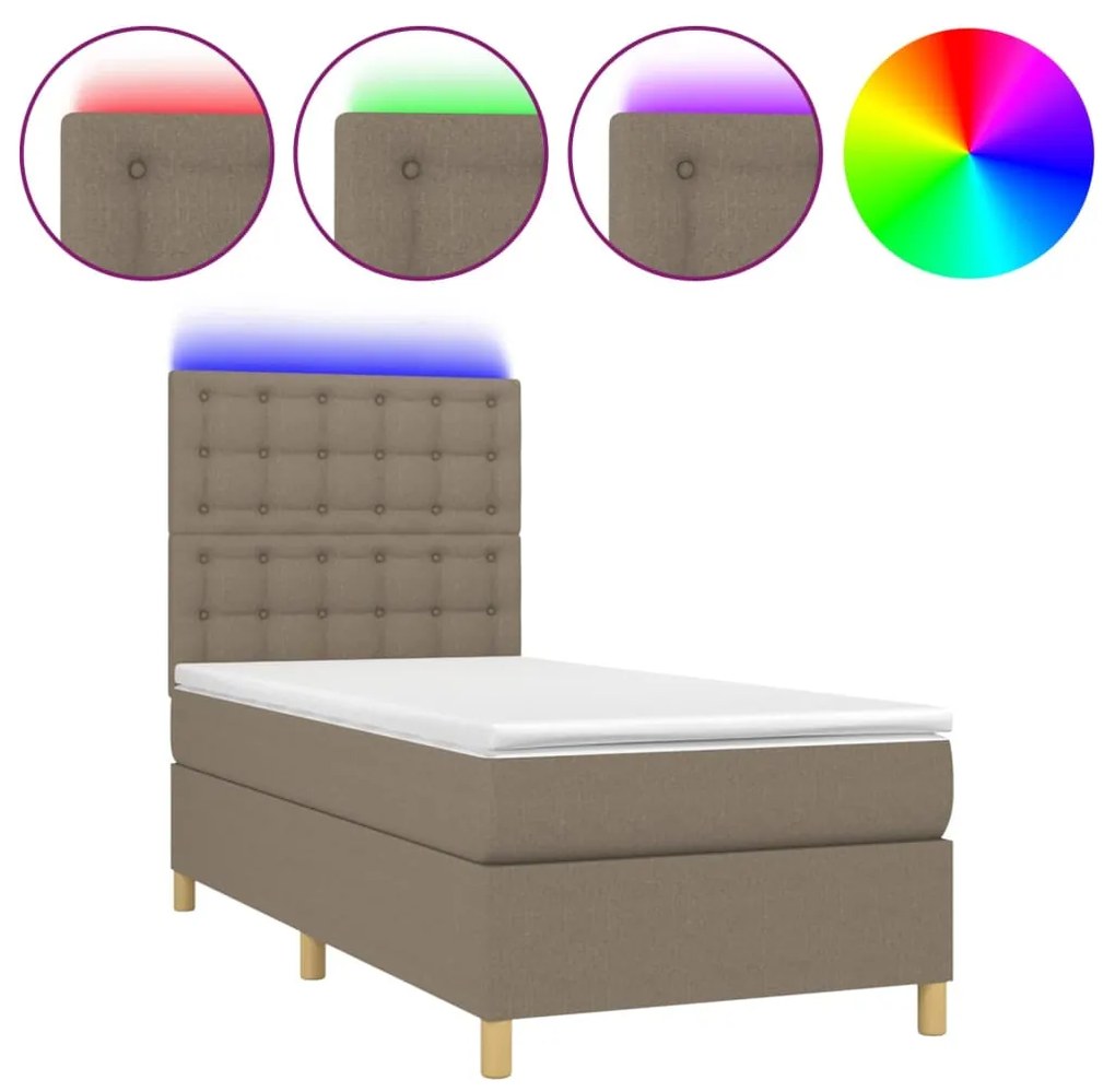 vidaXL Κρεβάτι Boxspring με Στρώμα & LED Taupe 90x190 εκ. Υφασμάτινο