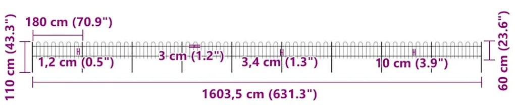 vidaXL Φράχτης Κήπου με Κορυφή από Ατσάλι 1603,5 εκ. Μαύρος