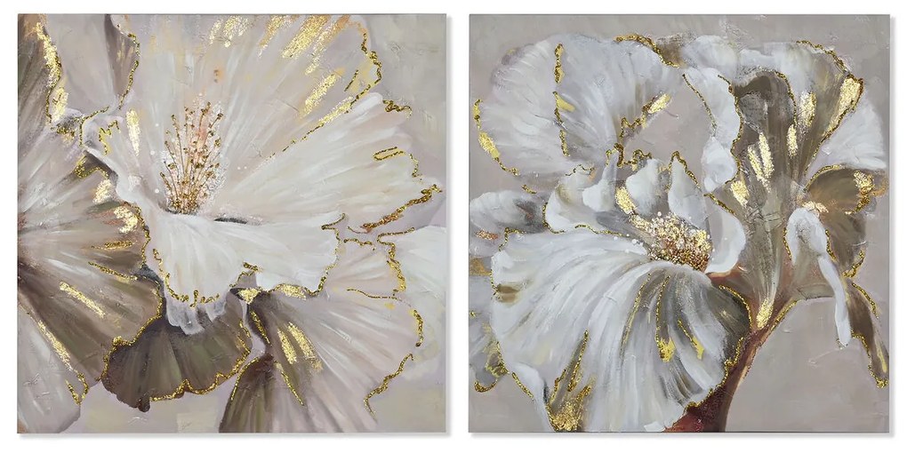 Πίνακας Home ESPRIT Μπεζ Χρυσό Καμβάς Ξύλο MDF Σύγχρονη Λουλούδι 80 x 3 x 80 cm (x2)