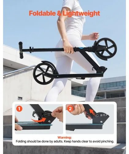 VEVOR Kick Scooter for Kids Ages 8+, Teens &amp; Adults, 2-Wheel Toddler Scooter with Adjustable Height Handlebar, Wide Anti-Slip Deck, Foldable Lightweight for Boys &amp; Girls up to 99.8 kg, Black + Blue