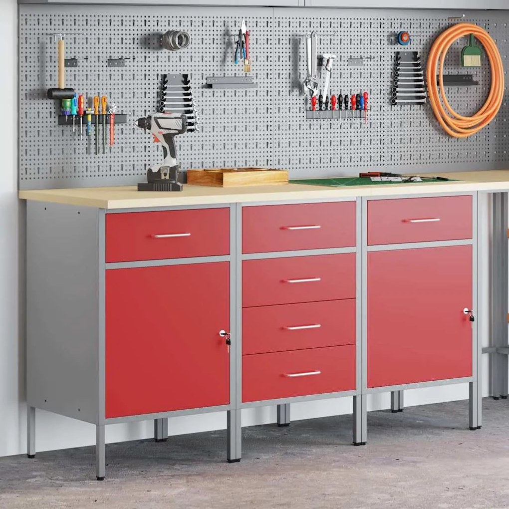 vidaXL Ντουλάπα Εργασίας 3 pcs Κόκκινο και Γκρίζο 150 x 55 x 85 εκ