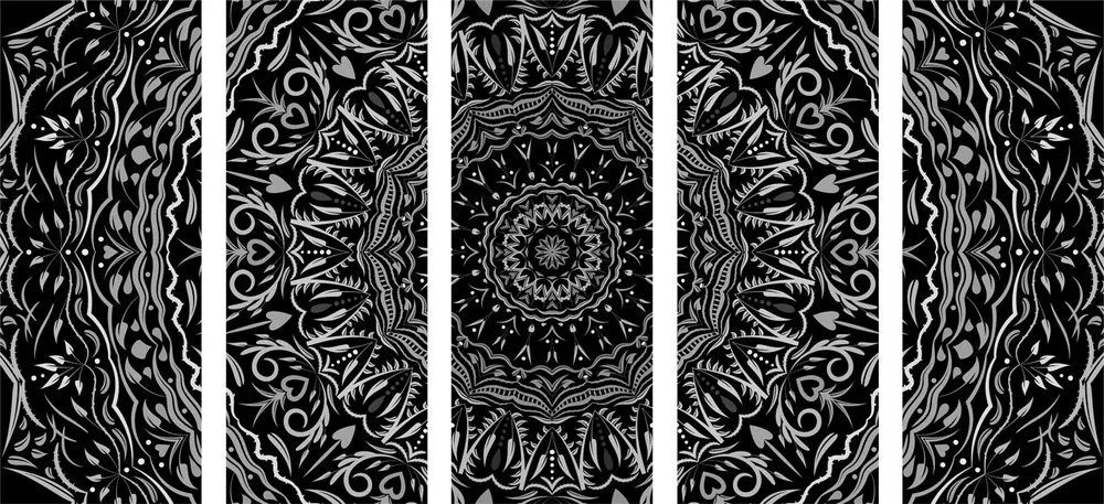 Εικόνα 5 μερών Mandala σε στυλ vintage σε μαύρο & άσπρο - 200x100