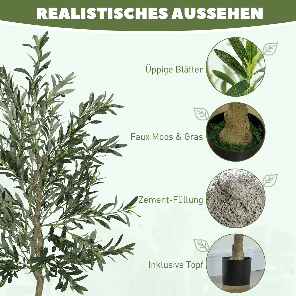 HOMCOM Τεχνητό δέντρο, Τεχνητή ελιά, 180 cm, 900 φύλλα, 40 ελιές, σταθερή γλάστρα, διακοσμητικό φυτό, πράσινο