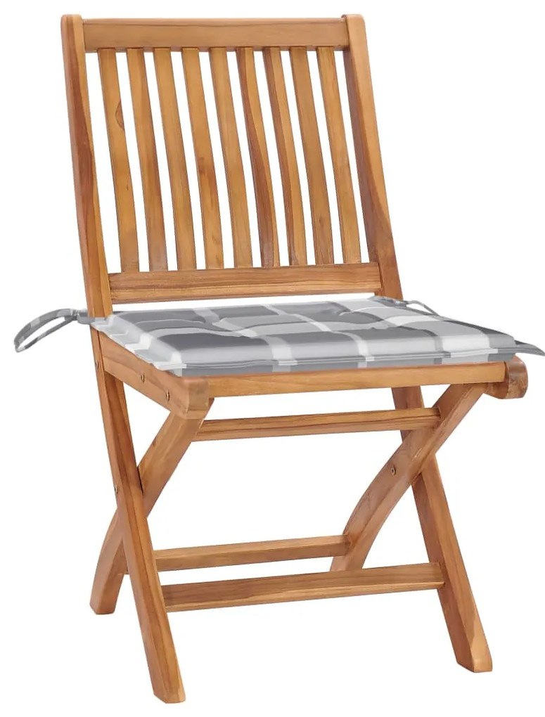 vidaXL Καρέκλες Κήπου 2 τεμ. από Μασίφ Ξύλο Teak & Γκρι Καρό Μαξιλάρια