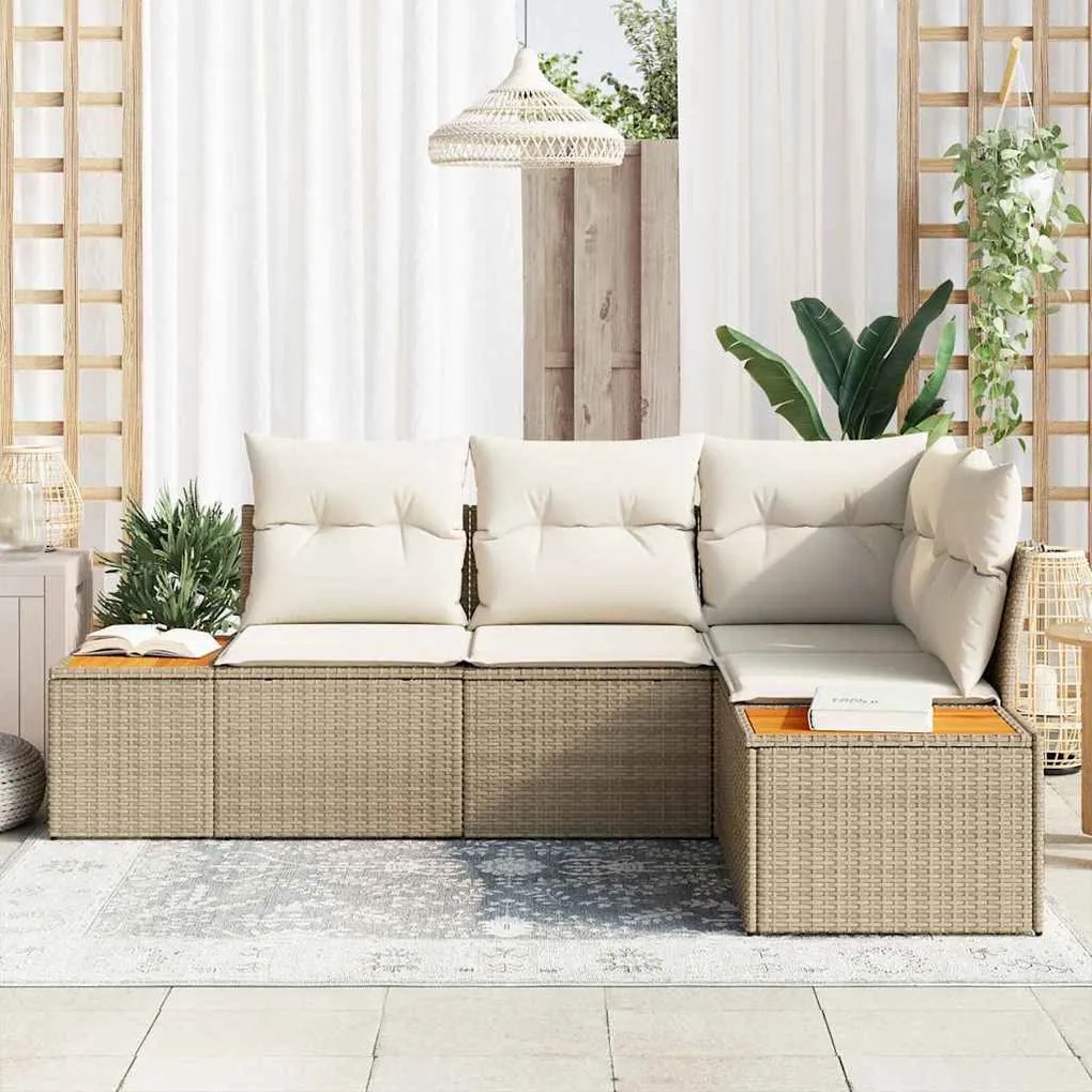 vidaXL Σετ Καναπέ Κήπου με μαξιλάρι 4 pcs Μπεζ Πολυ ράταν