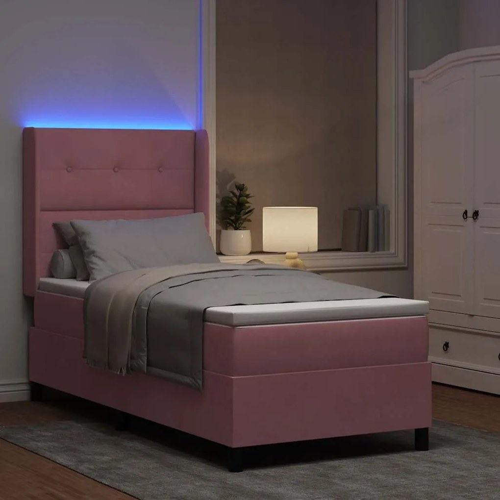 vidaXL Κρεβάτι Box Spring LED με Στρώμα Ροζ 80 x 200 cm Βελούδο