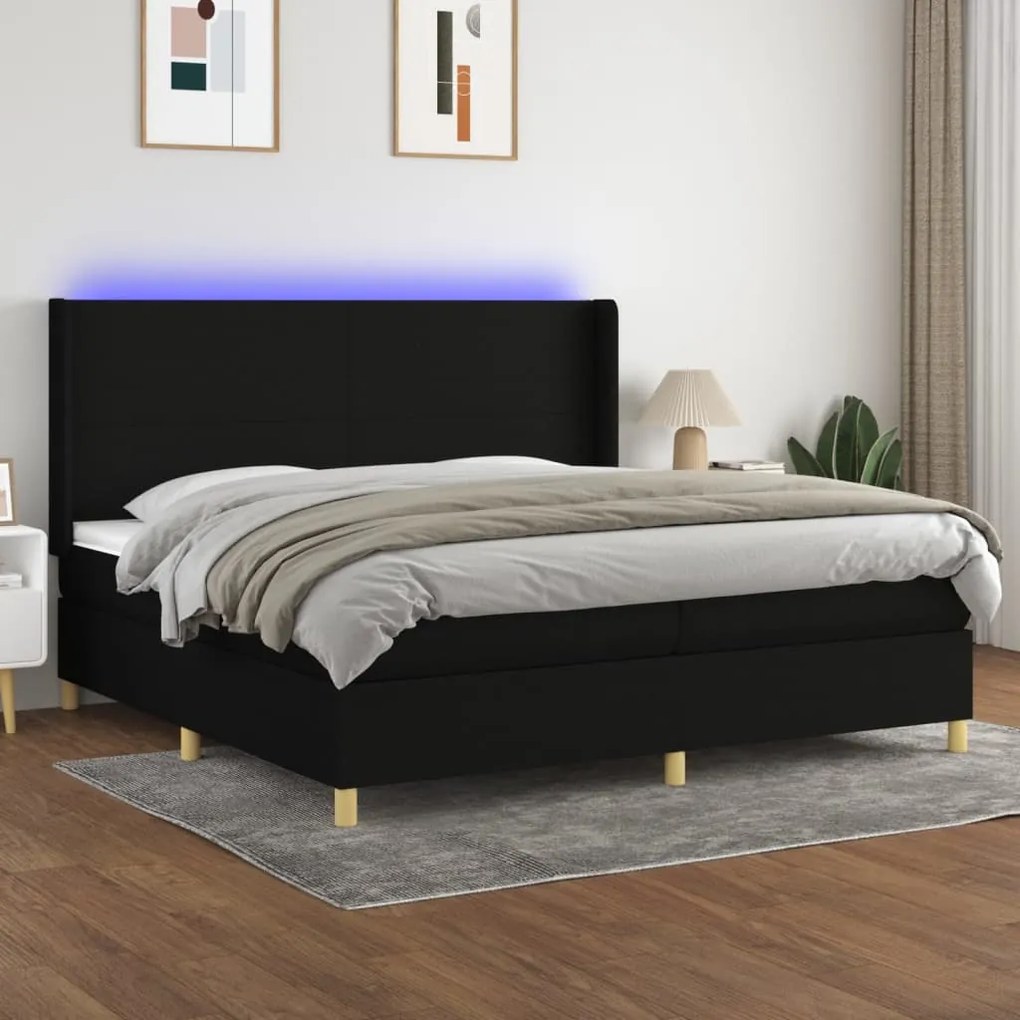 Κρεβάτι Boxspring με Στρώμα & LED Μαύρο 200x200 εκ. Υφασμάτινο