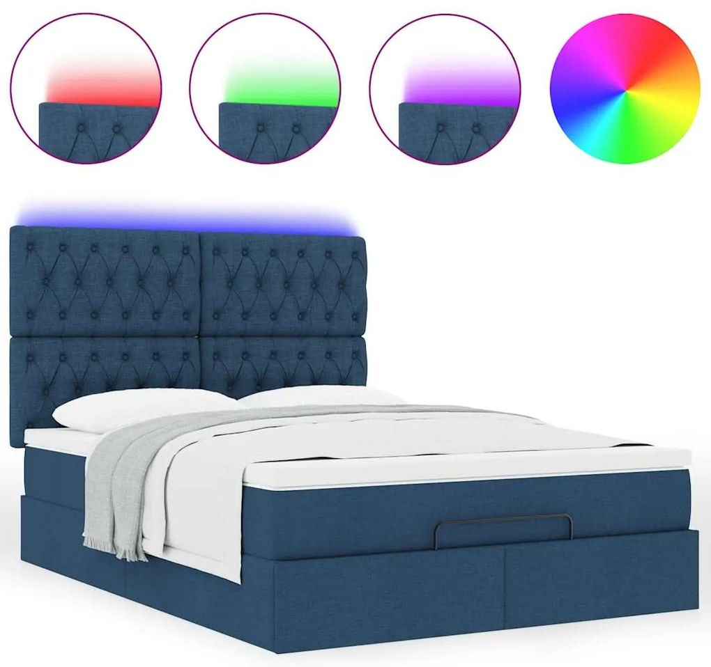 vidaXL Οθωμανικό κρεβάτι με στρώμα & LEDs Μπλε 140x190cm Ύφασμα