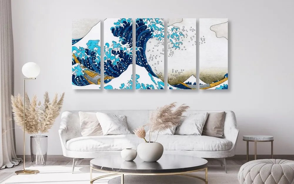 Αναπαραγωγή εικόνας 5 μερών The Great Wave από την Kanagawa Hokusai - 100x50