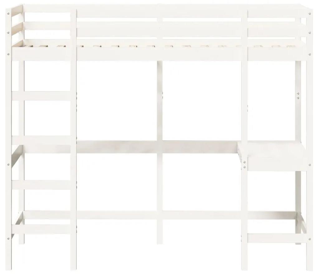 Κρεβάτι Υπερυψωμένο Λευκό 90x200εκ Μασίφ Ξύλο Πεύκου με Γραφείο - Λευκό