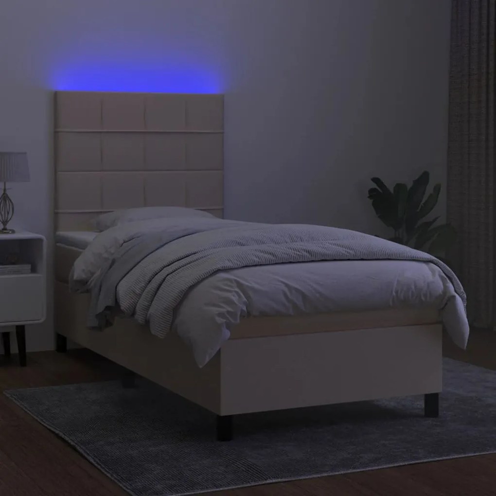 vidaXL Κρεβάτι Boxspring με Στρώμα & LED Κρεμ 100x200 εκ. Υφασμάτινο