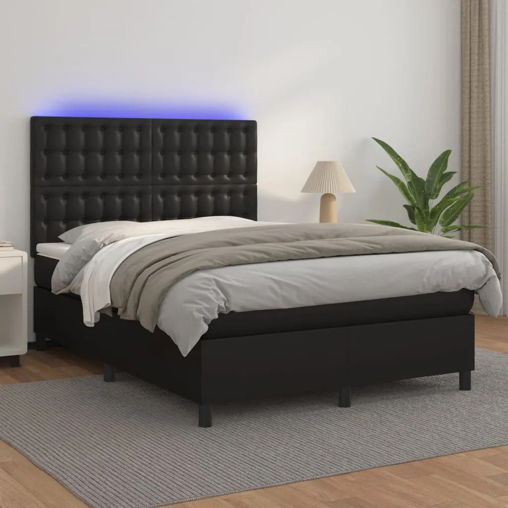 Κρεβάτι Boxspring με Στρώμα &amp; LED Μαύρο 140x190 εκ. Συνθ. Δέρμα