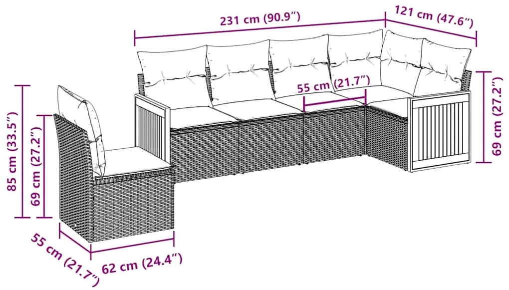 vidaXL Καναπές Κήπου 6 Τεμαχίων Μαύρο από Συνθετικό Ρατάν με Μαξιλάρια