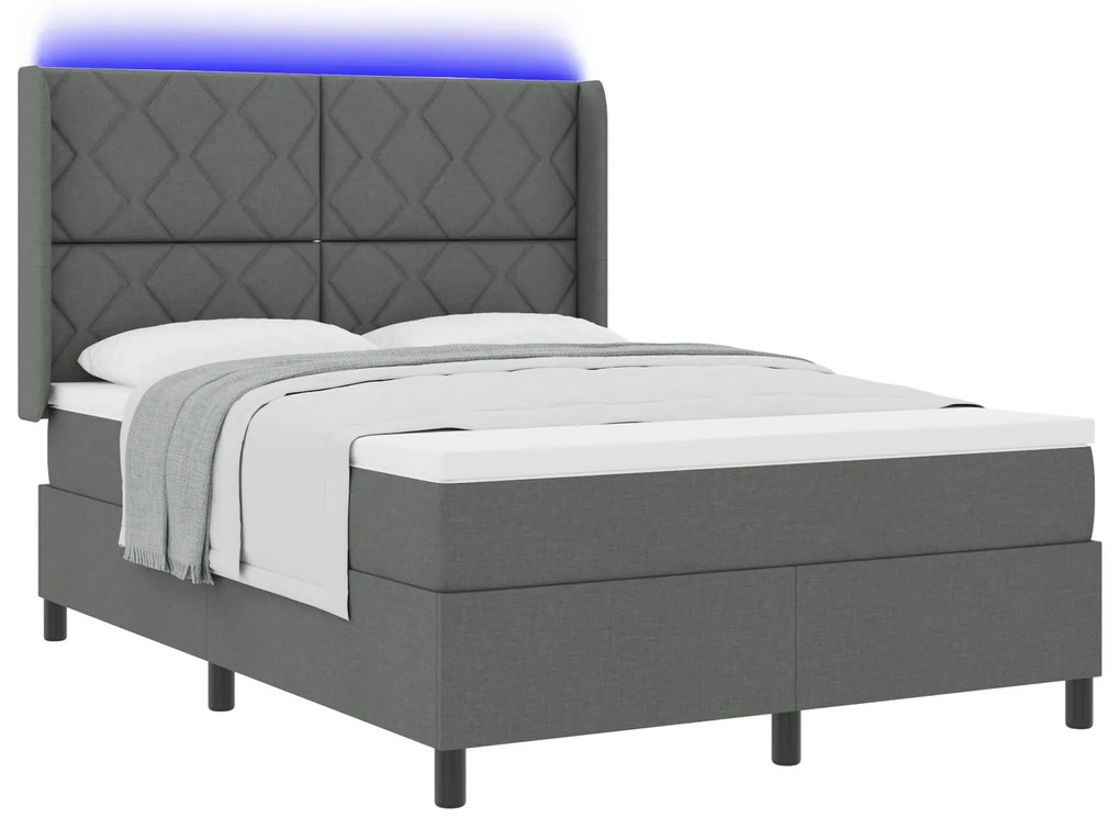 vidaXL Κρεβάτι Box Spring με Στρώμα & LED Γκρι Σκούρο 160x200 εκ Υφασμάτινο