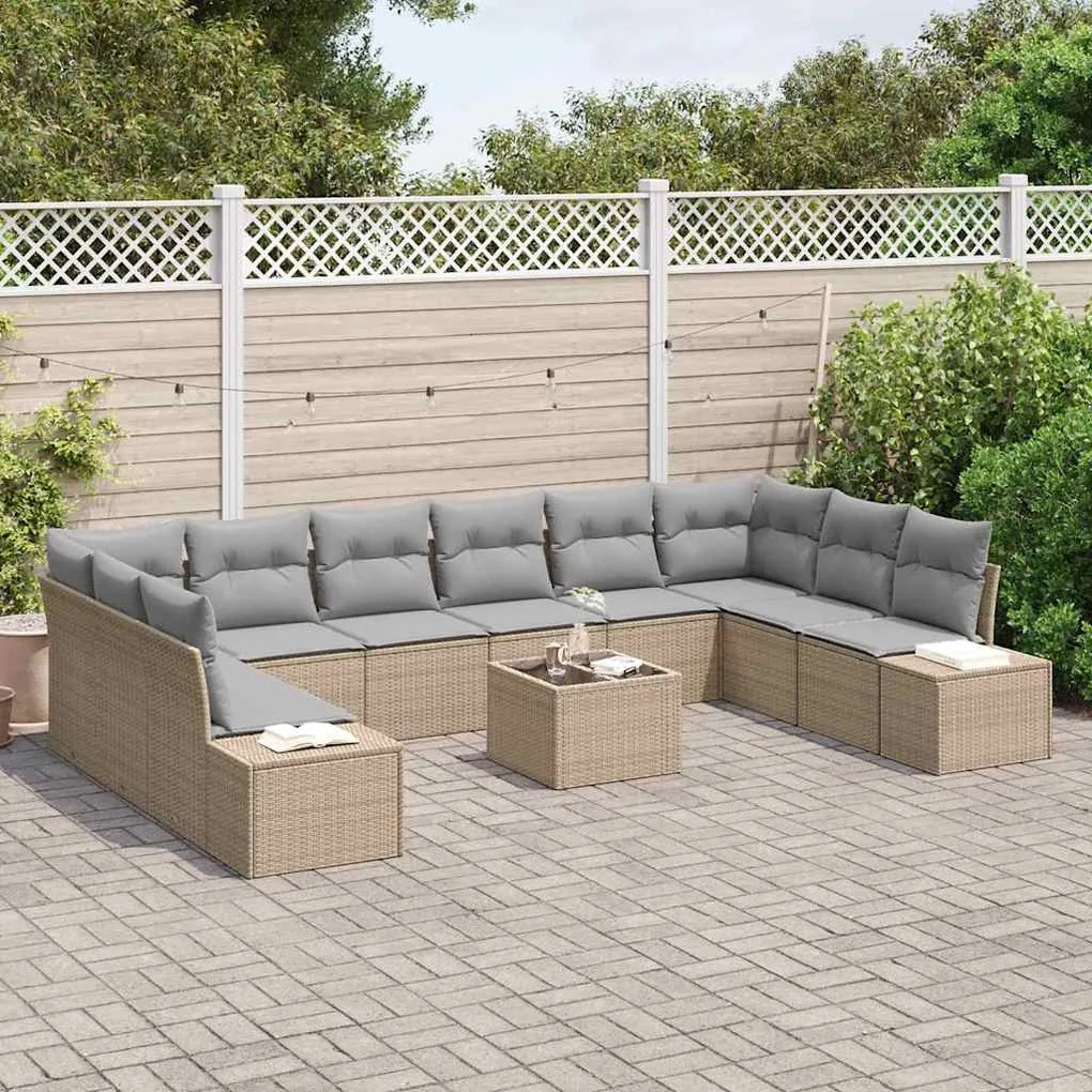 vidaXL Σετ Καναπέ Κήπου με μαξιλάρι 11 pcs Μπεζ Πολυ ράταν