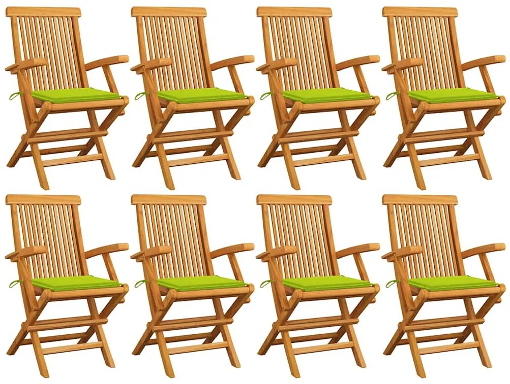 vidaXL Καρέκλες Κήπου 8 τεμ. Μασίφ Ξύλο Teak με Φωτ. Πράσινα Μαξιλάρια