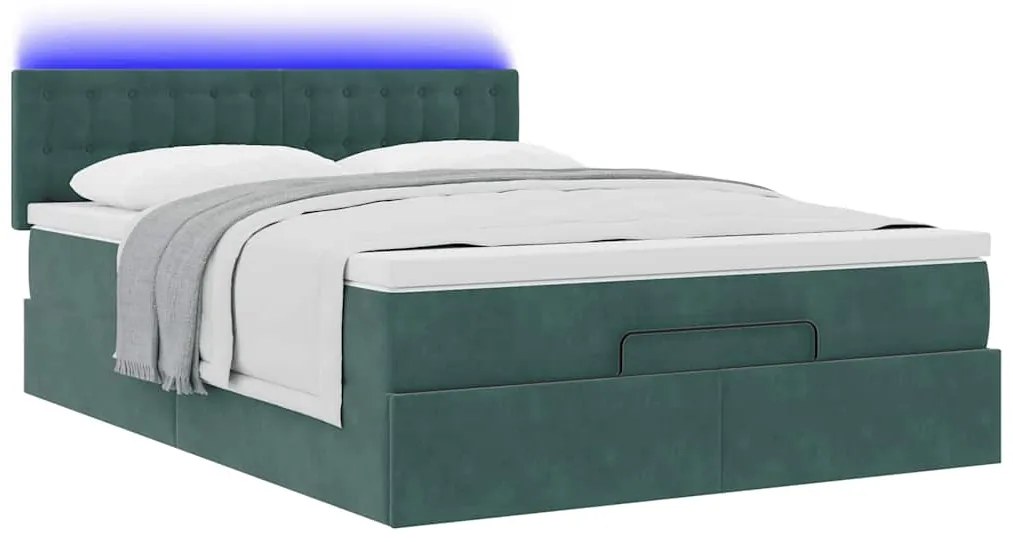 vidaXL Οθωμανικό κρεβάτι με στρώμα & LEDs Σκούρο πράσινο Βελούδο