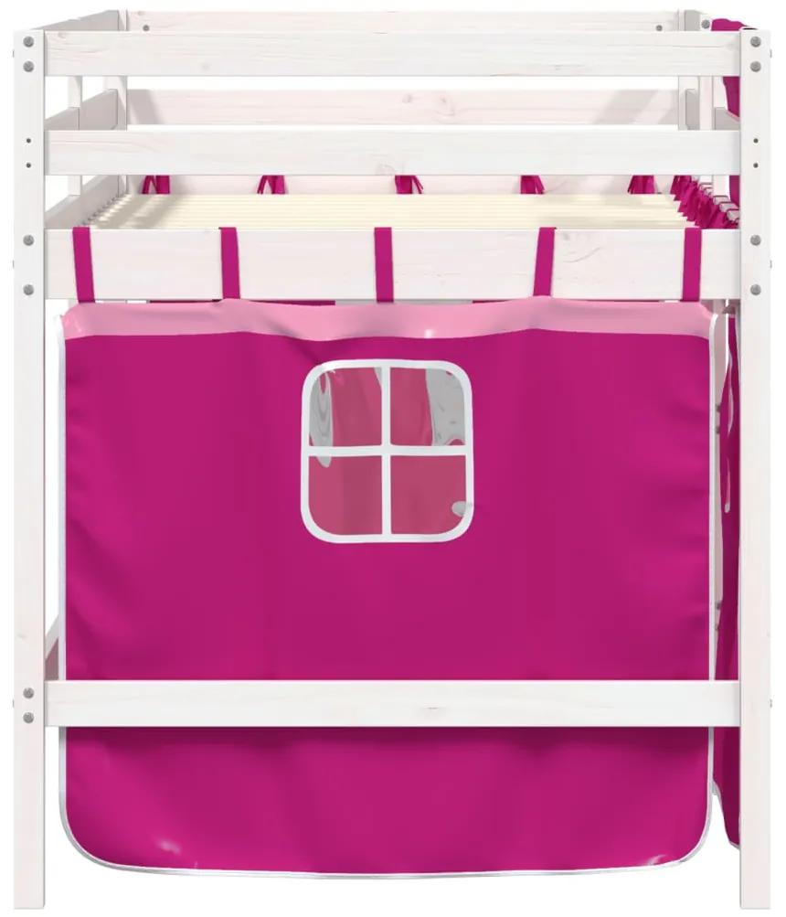 vidaXL Υπερυψ. Κρεβάτι με Κουρτίνες Ροζ 80 x 200 εκ. Μασίφ Ξύλο Πεύκου