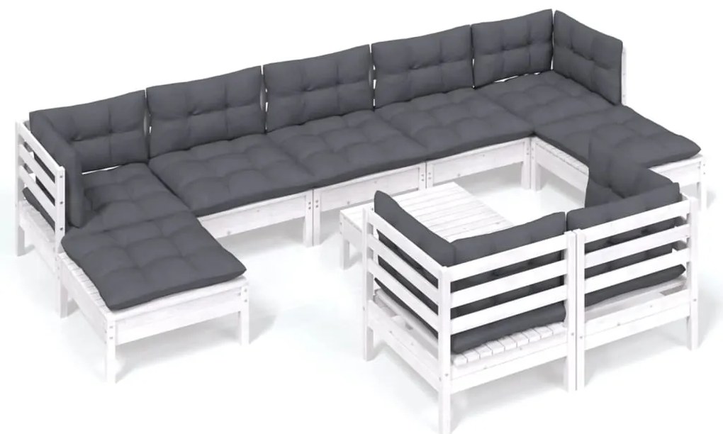 vidaXL Σαλόνι Κήπου Σετ 10 τεμ. Λευκό Μασίφ Ξύλο Πεύκου &amp; Μαξιλάρια