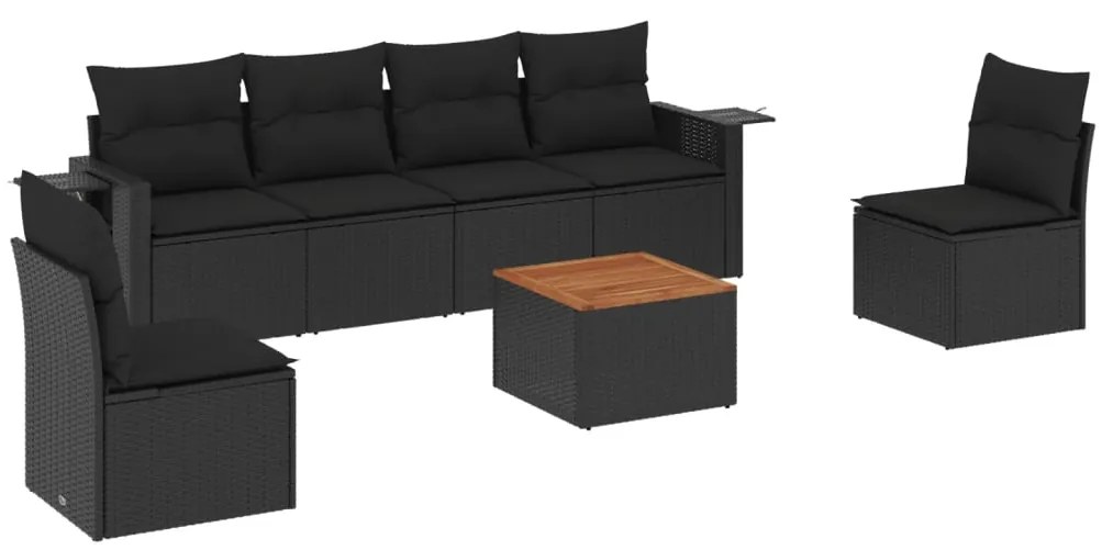 vidaXL Καναπές Σετ 7 Τεμαχίων Μαύρο Συνθετικό Ρατάν με Μαξιλάρια