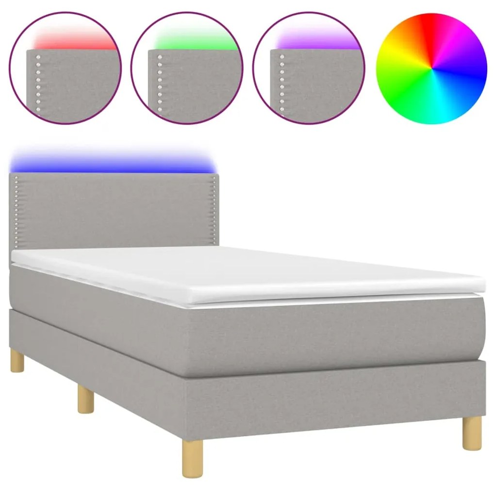 vidaXL Κρεβάτι Boxspring με Στρώμα & LED Αν.Γκρι 90x190 εκ. Υφασμάτινο