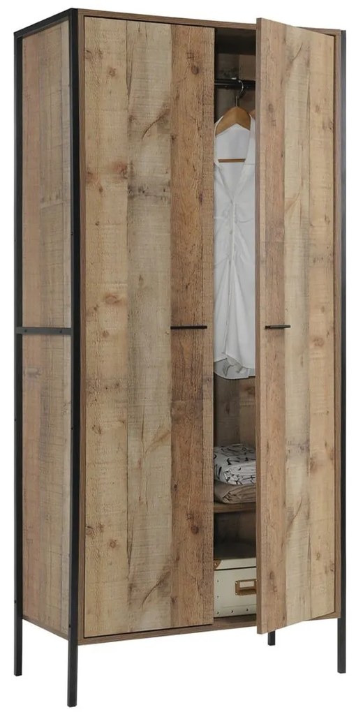 Ντουλάπα PALLET-W Δίφυλλη Αντικέ Καρυδί/Μαύρο Μέταλλο/Μελαμίνη 84x52x180cm