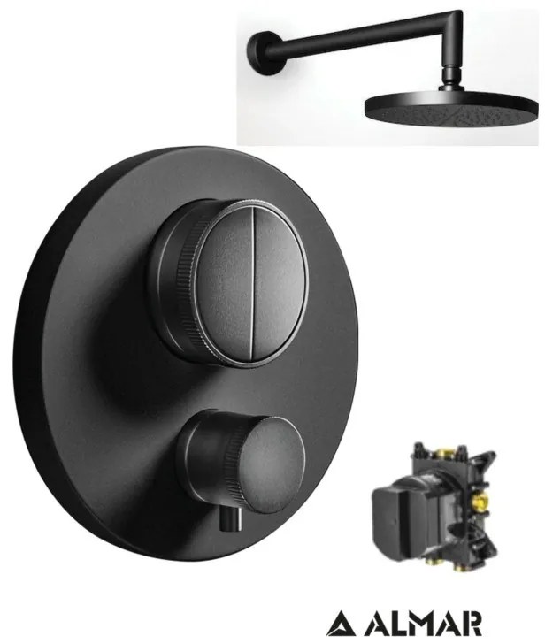 Almar Black matt Ανακλινόμενη κεφαλή 20εκ+Thermo-Core Push Θερμοστατικός μίκτης εντοιχισμού+κιτ εντοιχισμού