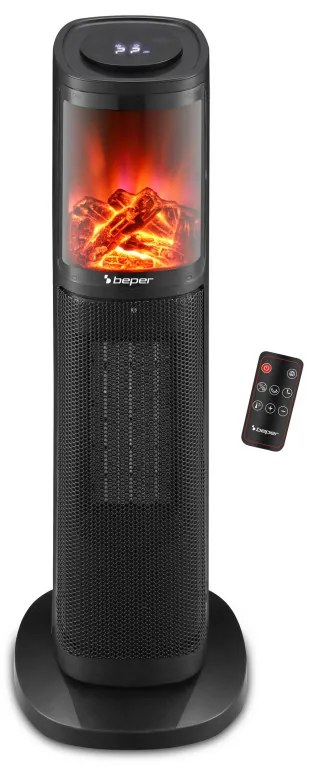 Κεραμική θερμάστρα Beper P203TER011, 2000W, οθόνη LED, 3D εφέ φωτιάς, χρονοδιακόπτης έως 8 ώρες, Μαύρο