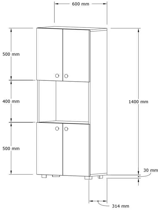 Ντουλάπα κουζίνας Guzel pakoworld σε λευκή απόχρωση 60x31.4x140εκ
