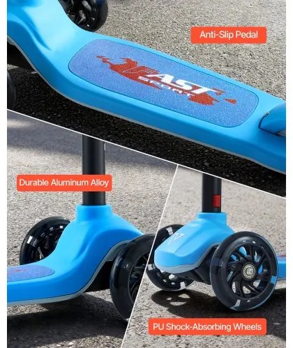 VEVOR Kick Scooter for Kids Ages 3+, 3-Wheel Toddler Scooter with Light-Up Wheels, Adjustable Height Handlebar, Wide Anti-Slip Deck, Lightweight Aluminum Frame for Boys and Girls up to 74.8 kg, Blue