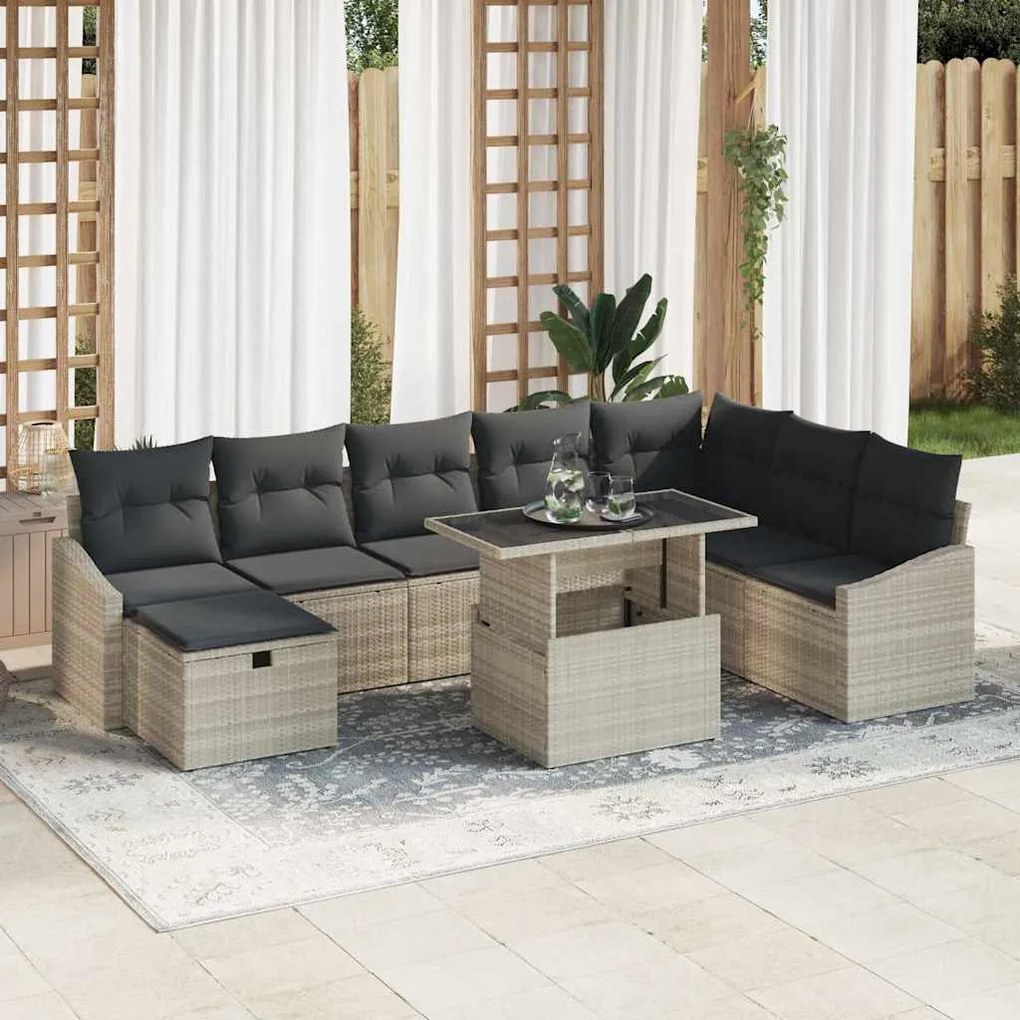 vidaXL Σετ Καναπέ Κήπου με μαξιλάρι 9 pcs Ανοιχτό γκρι Πολυ ράταν
