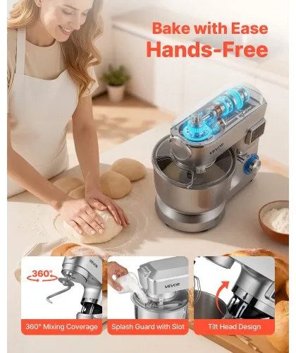 VEVOR Stand Mixer, 5.7 L Electric Kitchen Mixer, 1500W Dough-Mixer, 6+P Speeds Tilt-head Food-Mixer with 1.5 L Blender Cup, Stainless Steel Bowl, Dough Hook, Whisk, Beater, for Baking, Mixing, Silver
