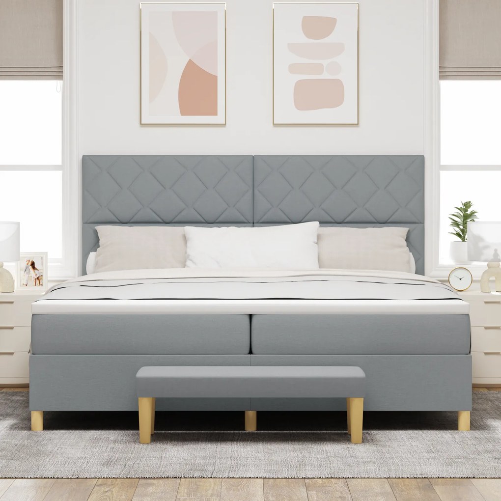 vidaXL Κρεβάτι Box Spring με Στρώμα & Μπάγκα Ανοιχτό Γκρι 200x200 εκ. Ύφασμα