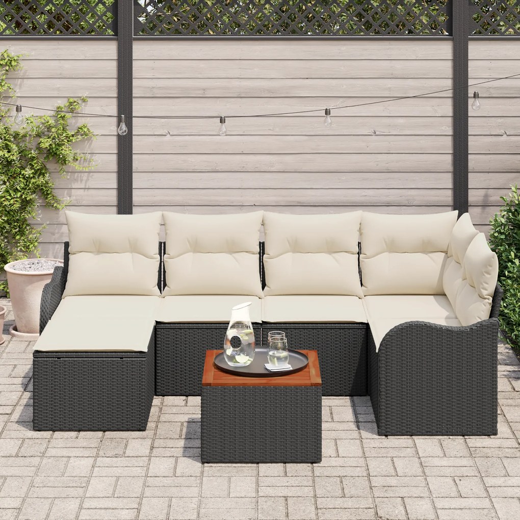 vidaXL Σετ Καναπέ Κήπου 7 pcs Μαύρος, λευκός Μεγάλο Ρατάν & Ύφασμα