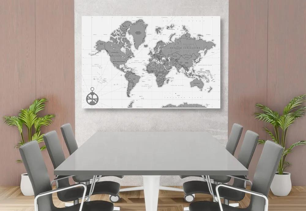 Εικόνα σε φελλό κομψός χάρτης με πυξίδα σε ασπρόμαυρο σχέδιο - 120x80  wooden