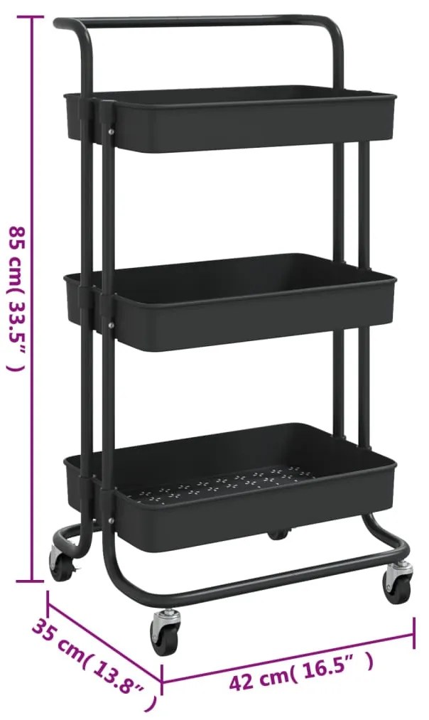 vidaXL Τρόλεϊ Κουζίνας 3 Επιπέδων Μαύρο 42 x 35 x 85 εκ. Σίδερο/ABS
