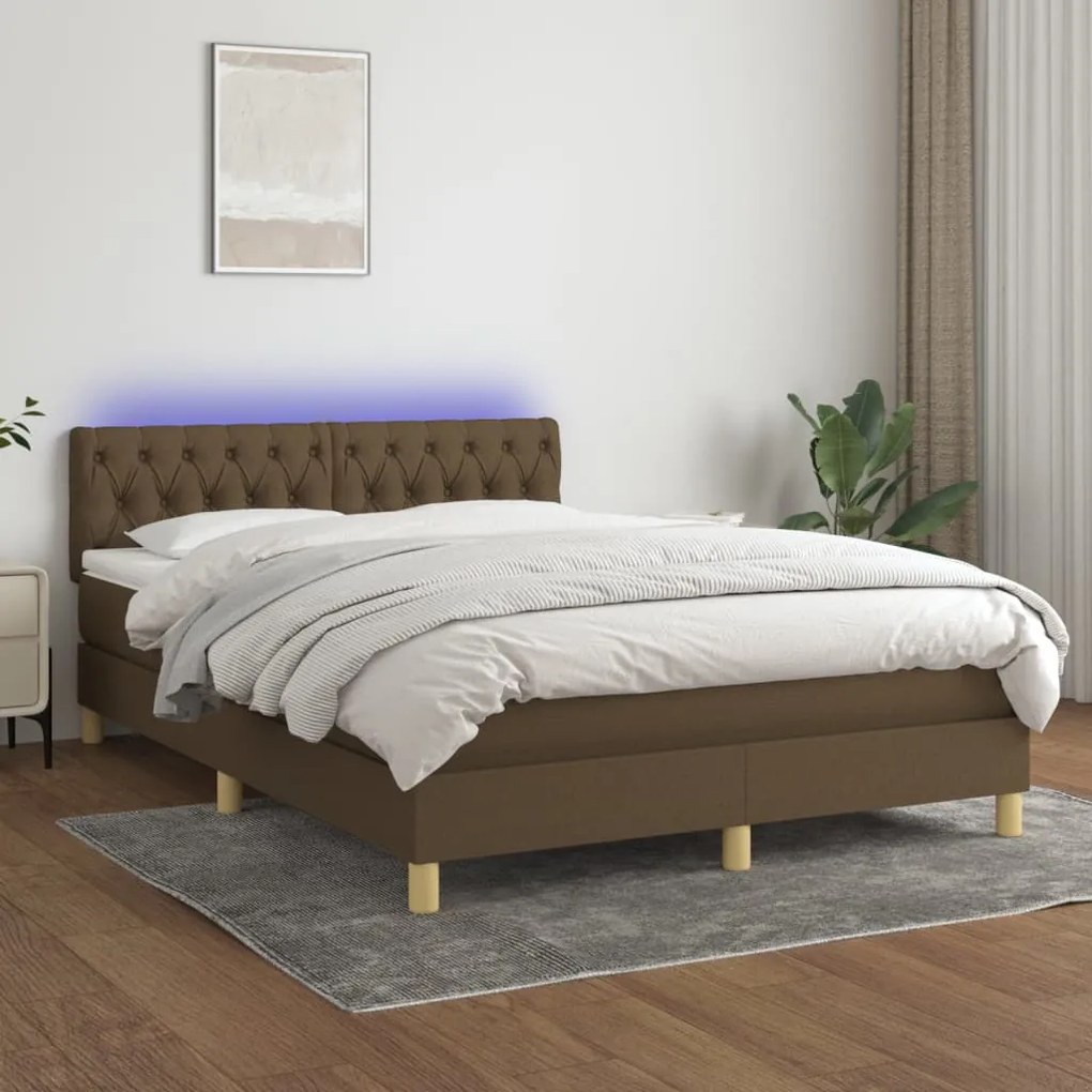 vidaXL Κρεβάτι Boxspring με Στρώμα & LED Σκ.Καφέ 140x200 εκ Υφασμάτινο