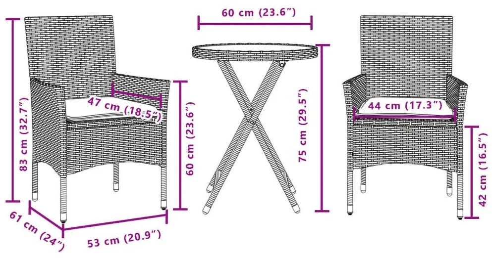 Σετ Επίπλων Bistro 3τεμ Γκρι Συνθετικό Ρατάν/Γυαλί με Μαξιλάρια - Γκρι