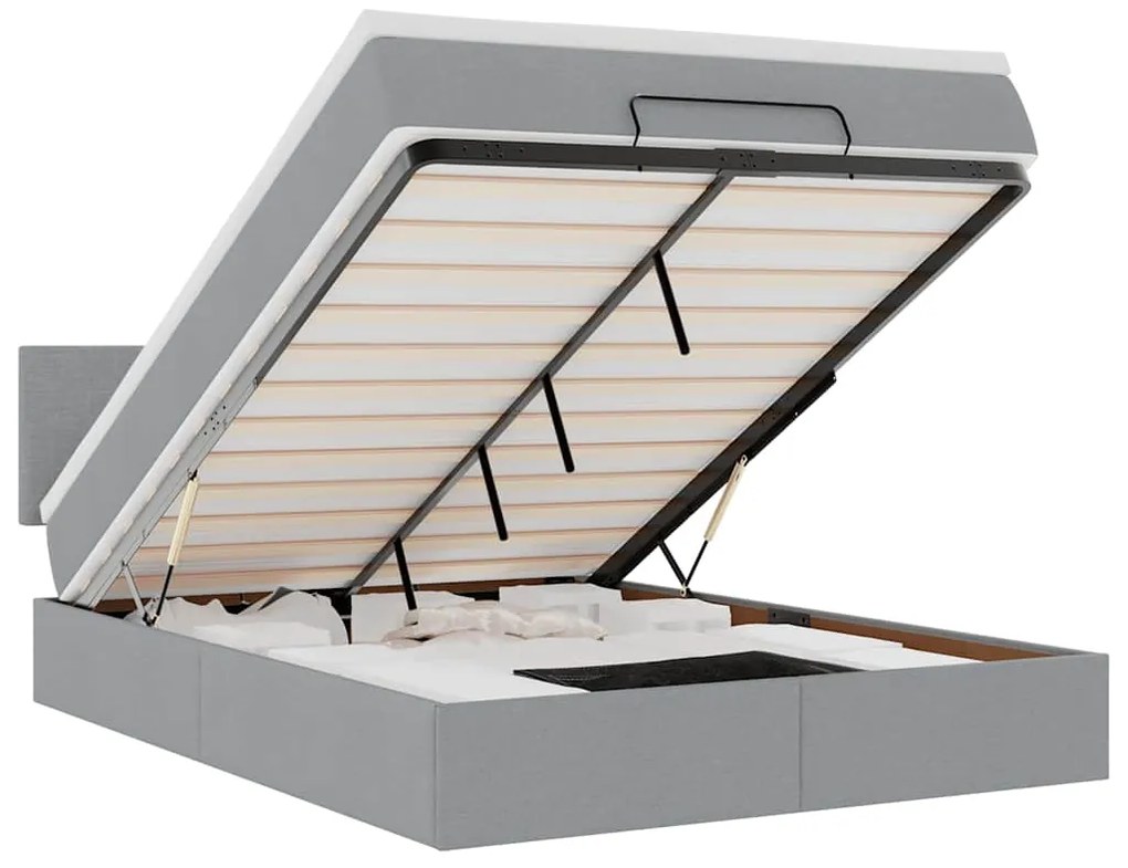 vidaXL Οθωμανικό κρεβάτι με στρώμα&amp;LEDs Ανοιχτό γκρι 140x190cm Ύφασμα