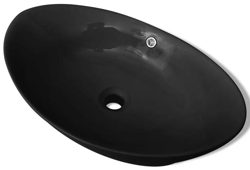 vidaXL Μαύρος πολυτελής κεραμεικός νιπτήρας με υπερχείλιση Οβάλ 59 x 38,5 cm