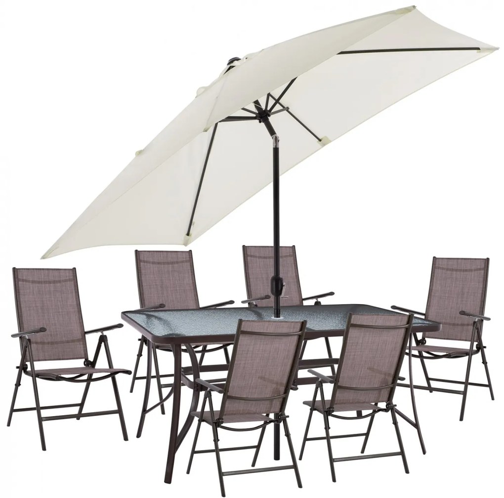 Σετ Κήπου Τραπεζαρία HM11491 8 τεμ Καφέ με Ομπρέλα Μπέζ &amp; Τραπέζι 150x90x75 εκ. με 6 Καρέκλες