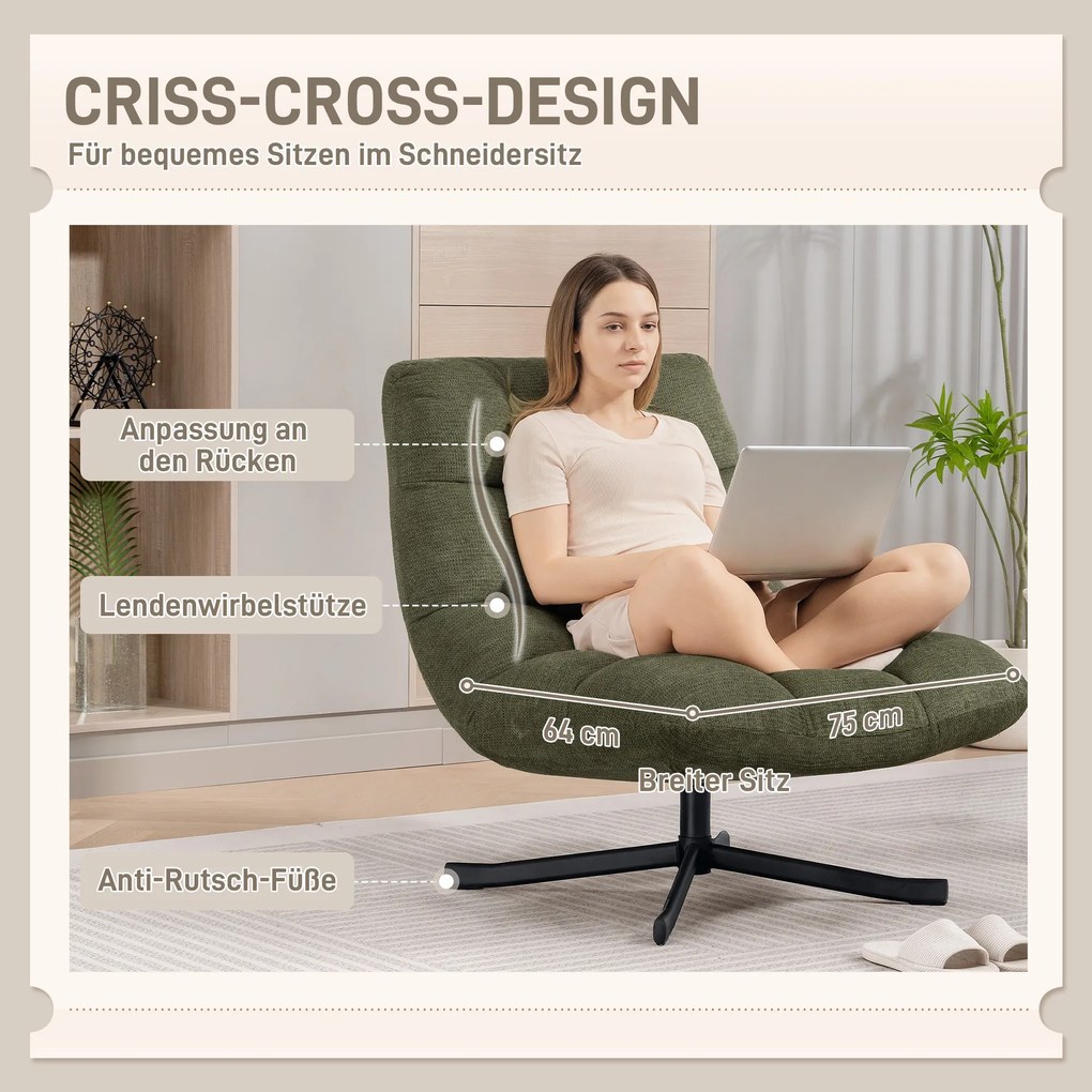 HOMCOM Περιστρεφόμενη πολυθρόνα lounge με φαρδύ κάθισμα, αδιάβροχο ύφασμα τύπου chenille, σταυρωτά ατσάλινα πόδια, πράσινο